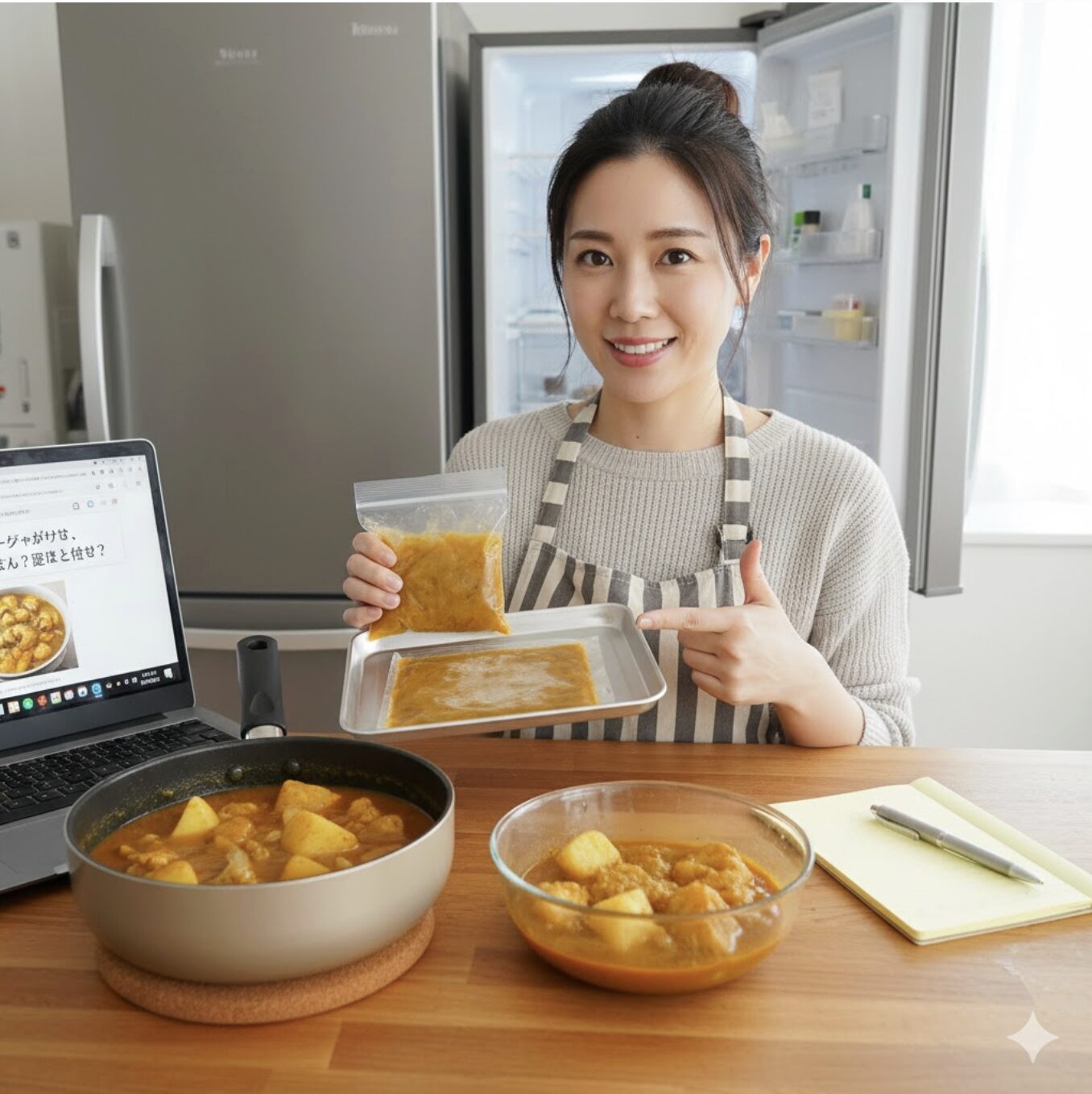 カレーと冷凍保存袋、アルミトレーを持つ女性。背景には冷蔵庫とノートパソコン、カレーが入った鍋と保存容器がある。