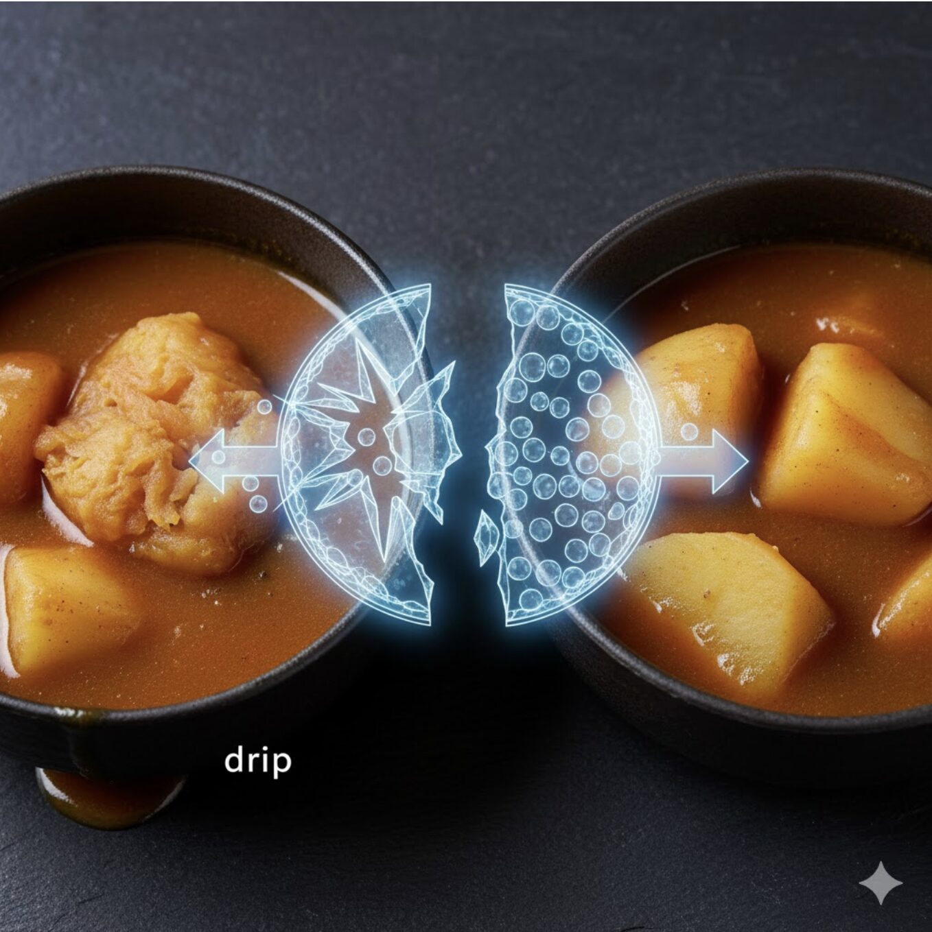 食感がブヨブヨになったじゃがいもと、冷凍前のしっかりしたじゃがいもがそれぞれ入ったカレー。真ん中には細胞が壊れる様子を表す科学的なイラストが描かれている