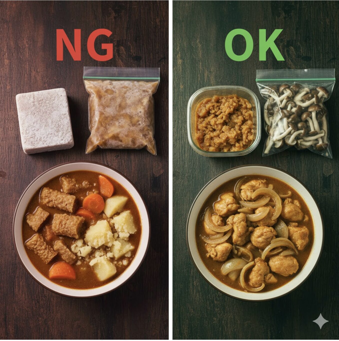 左側に「NG」表示と共に、冷凍で食感が悪くなったじゃがいもやこんにゃくが入ったカレー。右側に「OK」表示と共に、玉ねぎや肉、きのこ類が入った冷凍可能なカレー。