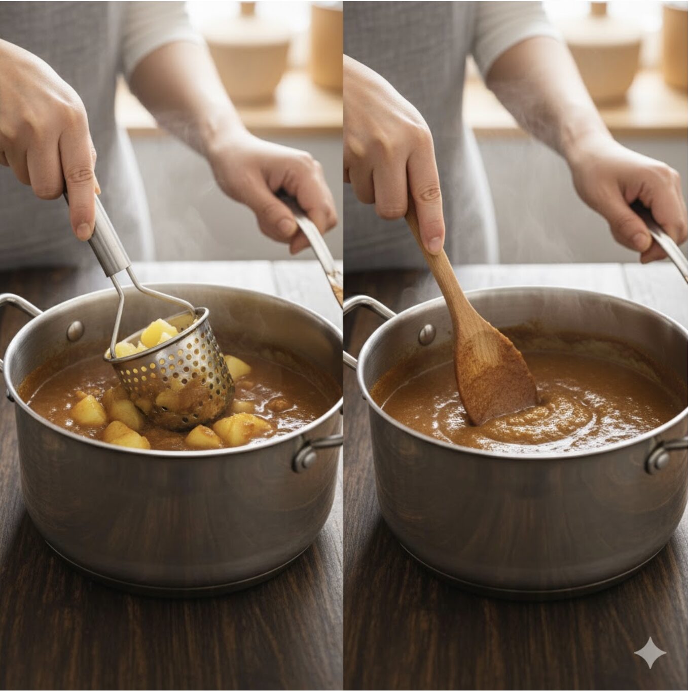 鍋のカレーに入ったじゃがいもをマッシャーで潰し、ルーと混ぜ合わせる様子を映した2枚の画像。