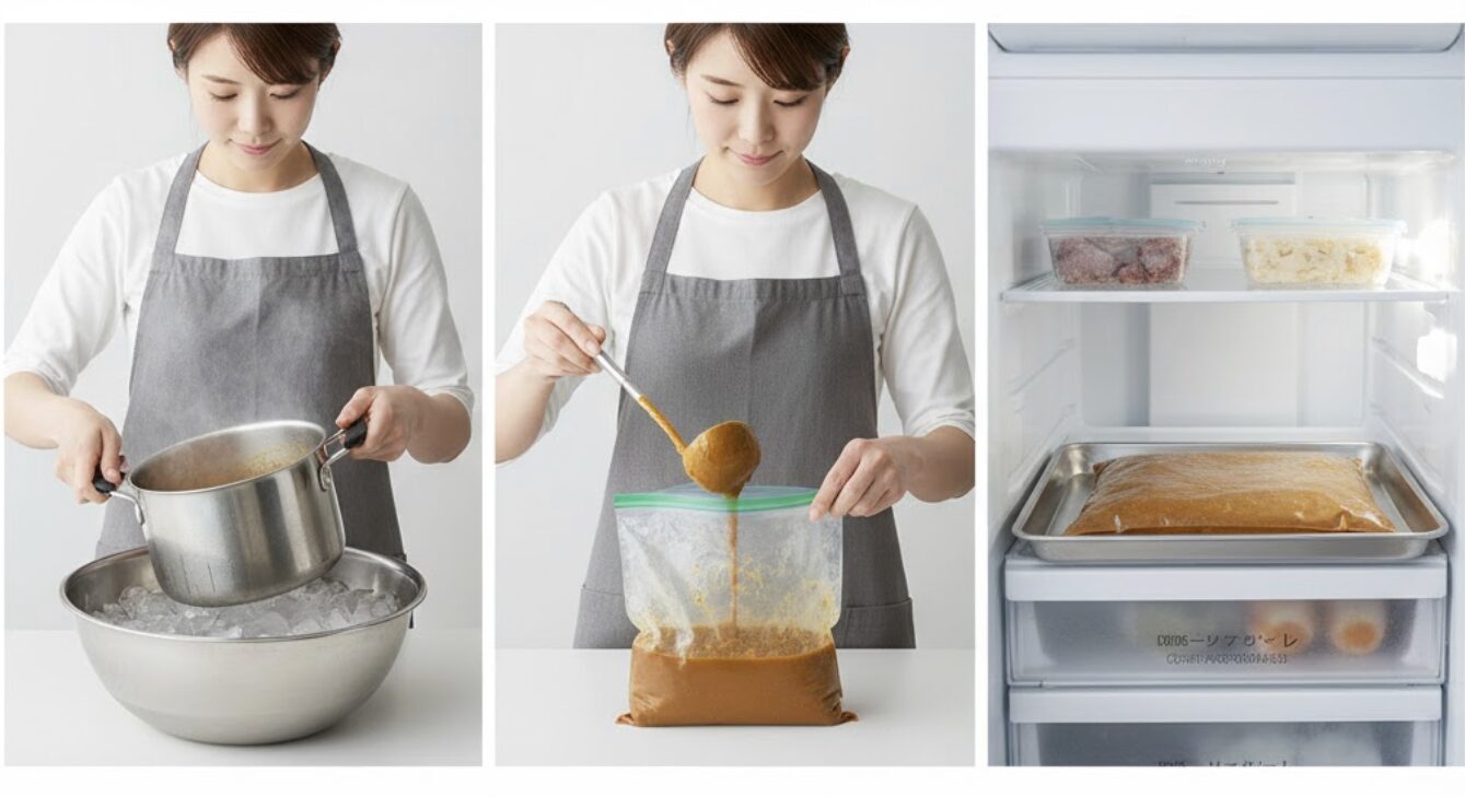 カレーを急速冷凍する3ステップの画像。鍋ごと氷水で冷ます、保存袋に入れる、平たくしてアルミトレーに乗せて冷凍庫に入れる様子が順に示されている。