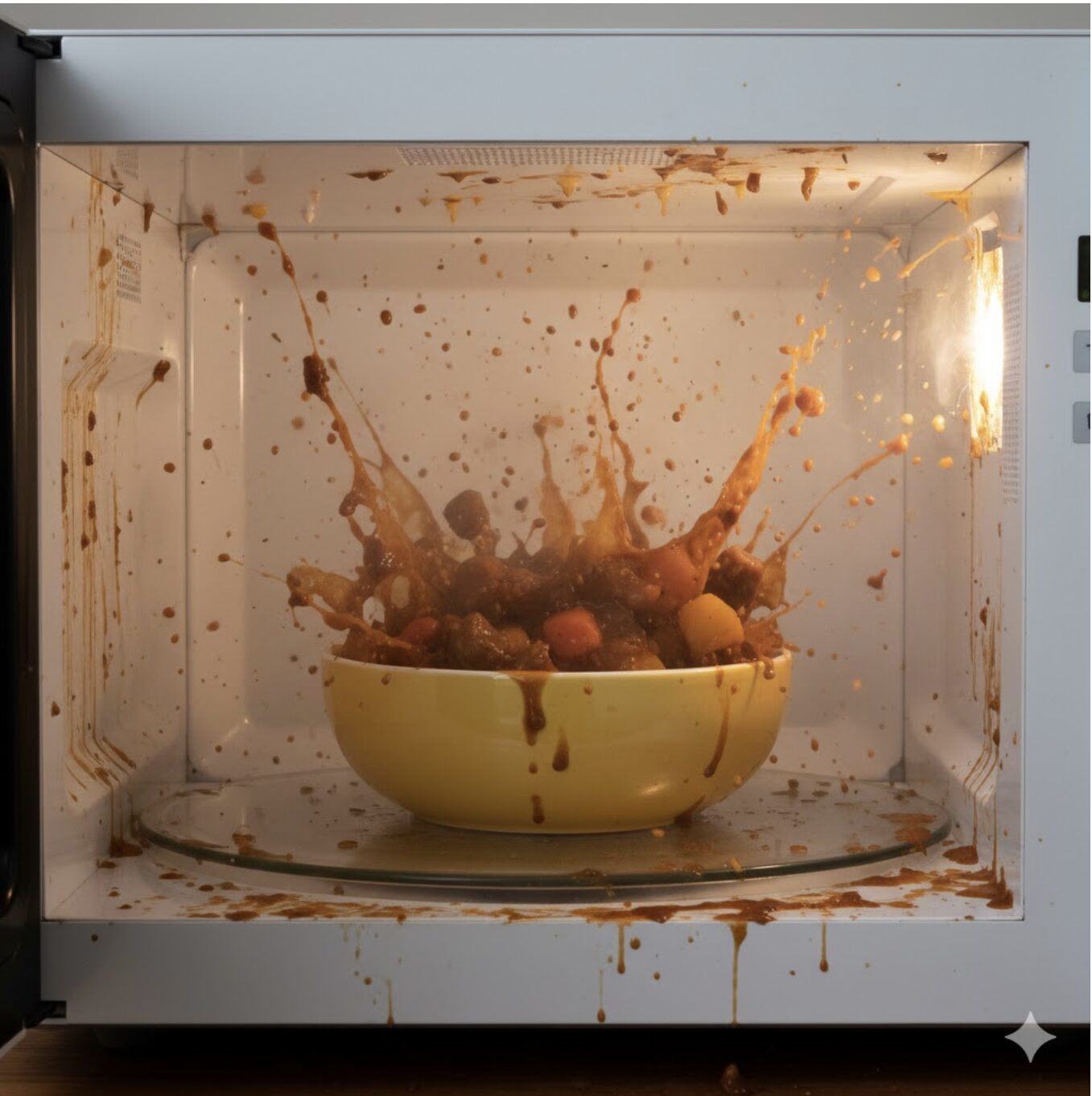 電子レンジの中でカレーが突沸し、飛び散っている様子。