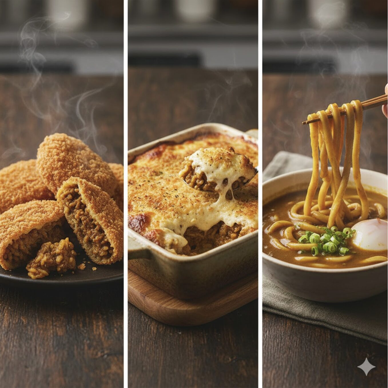「失敗カレーのリメイクレシピ3選」左からコロッケ、グラタン、カレーうどん